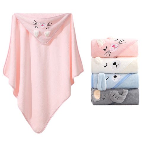 A pink hooded baby towel with an embroidered animal face is displayed next to four folded towels in pink, cream, light blue, and gray, each with a different animal design.