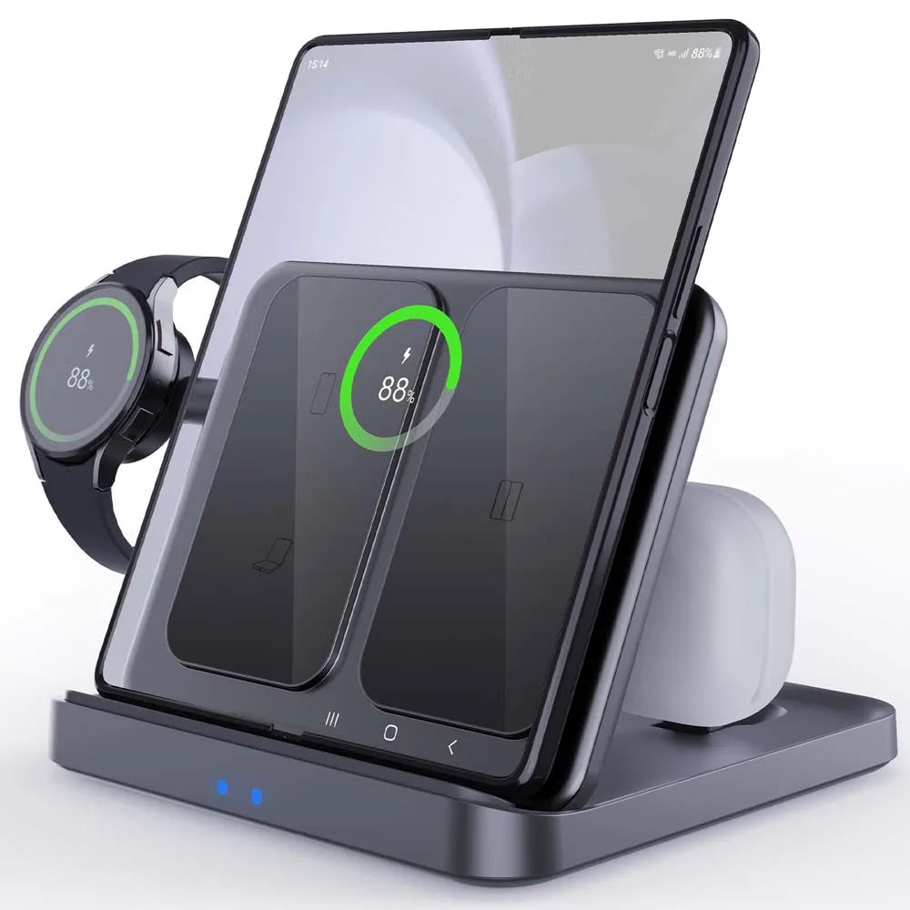 A sleek wireless charging station holds a foldable smartphone, smartwatch, and earbuds. The phone screen shows a charge level of 88%, highlighted by a green circle.