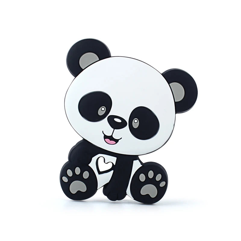 Cute cartoon panda with large eyes and a big smile, sitting with paws visible. The design is simple and playful, featuring a heart on its belly on a plain white background.