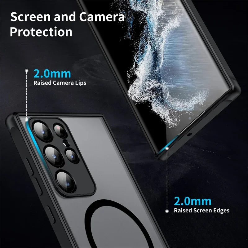 Smartphone case displaying 2.0mm raised edges and camera lips for enhanced screen and camera protection. Close-up of the phone screen and cameras with protective features.