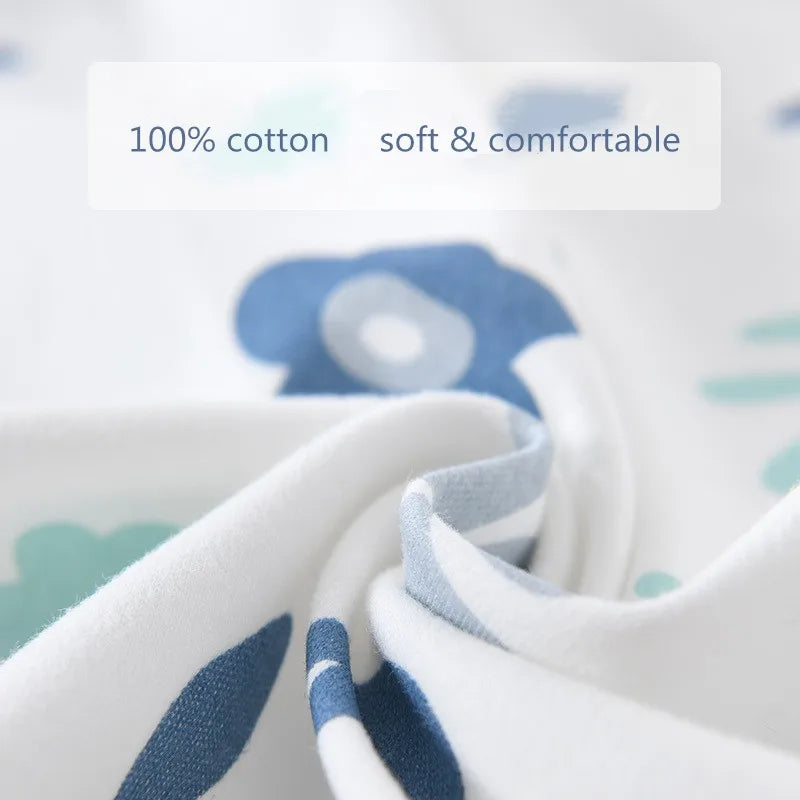 Close-up of a white fabric with blue floral patterns, twisted to show texture. Text overlay reads "100% cotton, soft & comfortable," highlighting the material's quality.