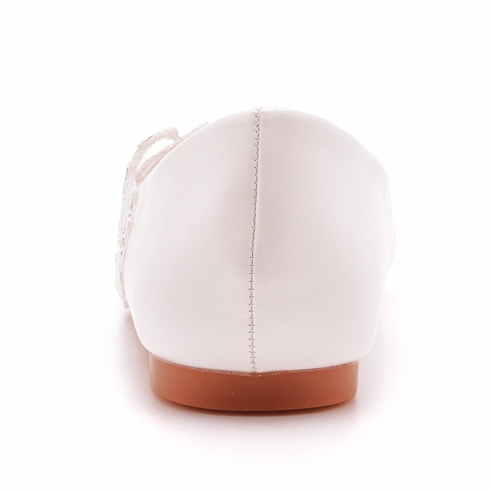 Rear view of a white satin ballet flat with a brown sole and visible stitching along the center seam, set against a plain white background.
