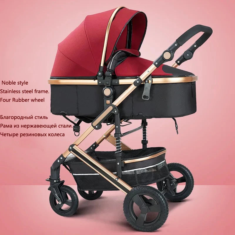 A red and black baby stroller with a stainless steel frame and four rubber wheels, set against a pink background. Text reads "Noble style" with details in English and Russian.