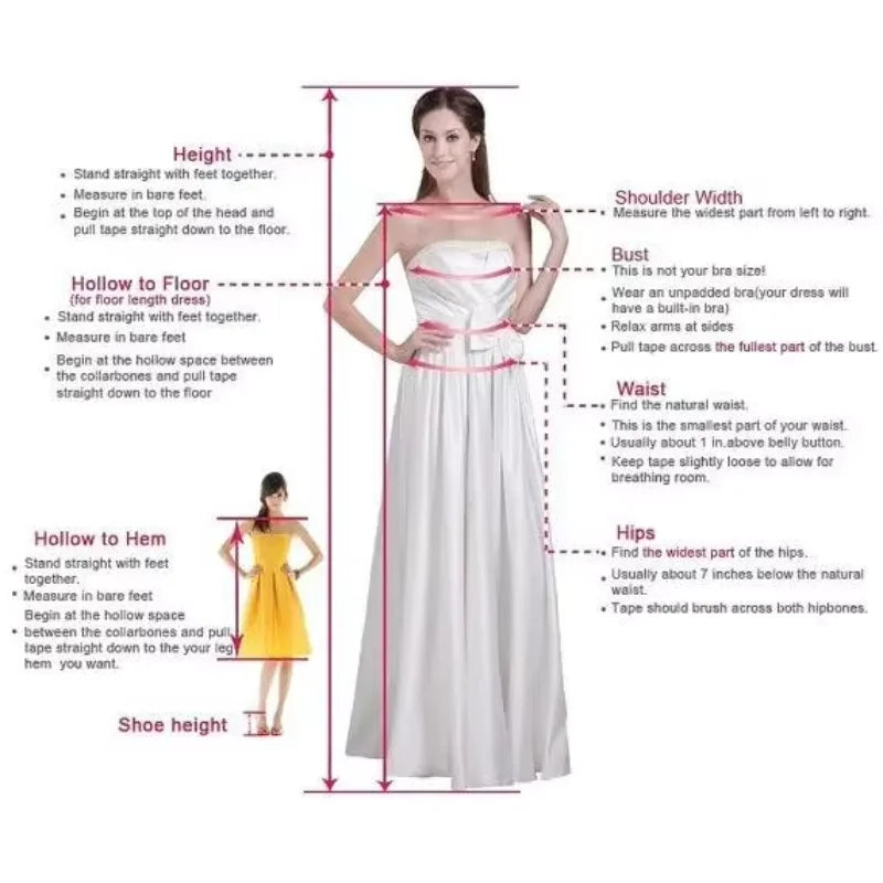 Illustration of dress measurement guide for a woman, including height, hollow to hem, shoulder width, bust, waist, hips, and hollow to floor, accompanied by instructions.