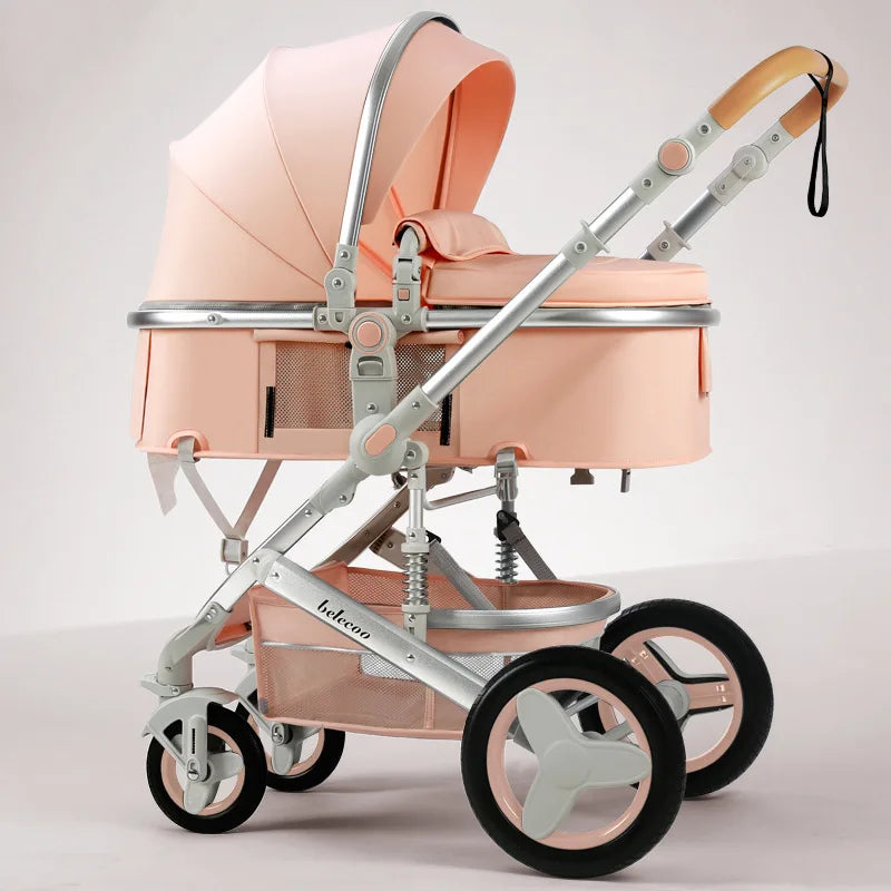 A peach-colored baby stroller with a canopy, adjustable handlebar, and storage basket. The design includes silver metal detailing and large wheels for easy maneuverability.