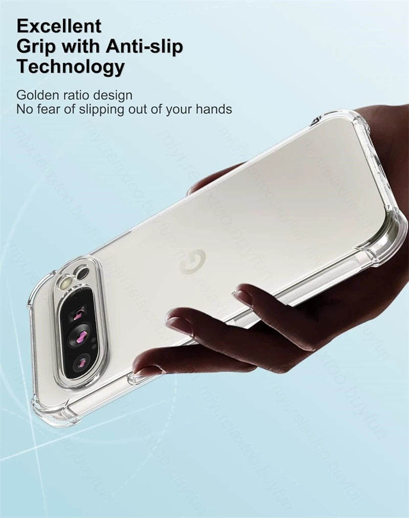A hand holds a smartphone with a clear case, showcasing its anti-slip grip and golden ratio design against a light blue background. Text highlights excellent grip technology.