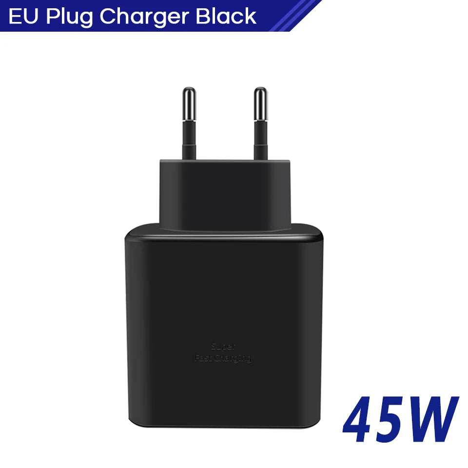 Black EU plug 45W charger with two round pins, labeled "Super Fast Charging." Blue banner at the top reads "EU Plug Charger Black" and "45W" is displayed in the bottom right corner.