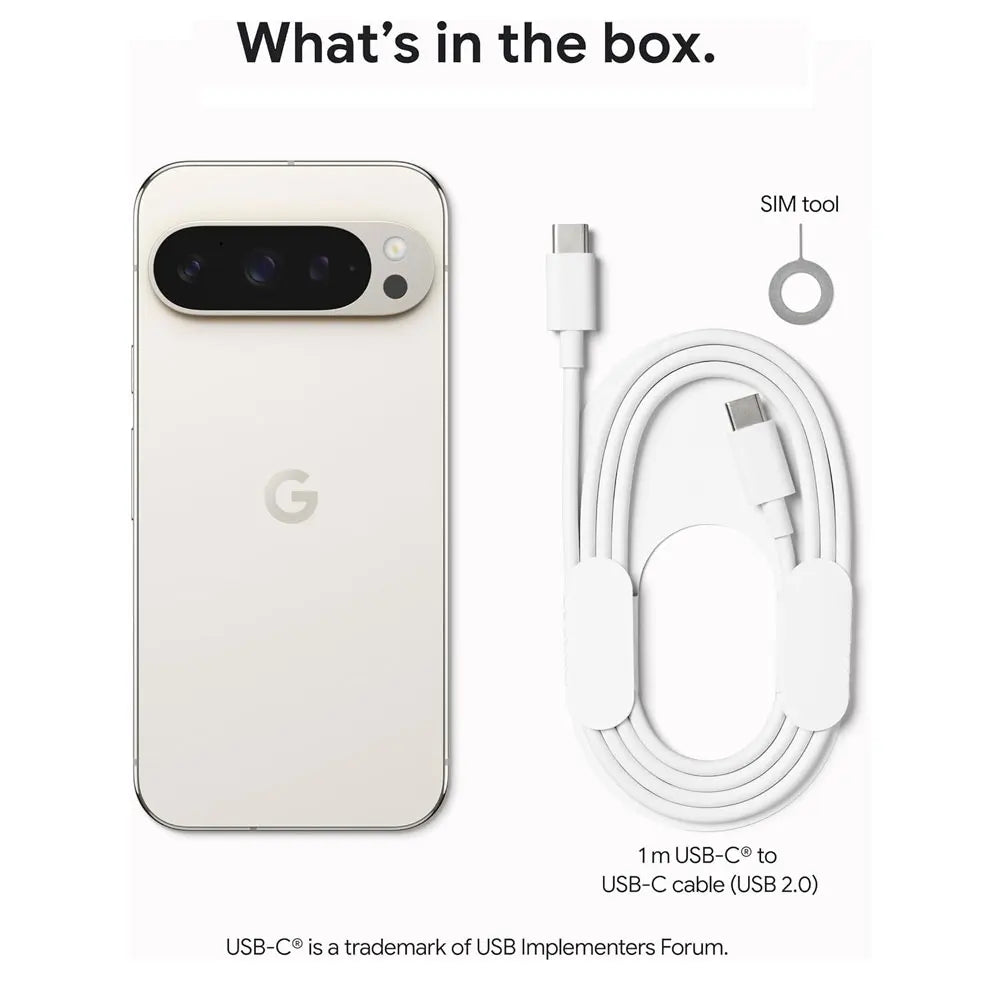 Image showing included items: a smartphone with a rear camera and the "G" logo, a 1m USB-C to USB-C cable, and a SIM tool. Text reads "What's in the box."