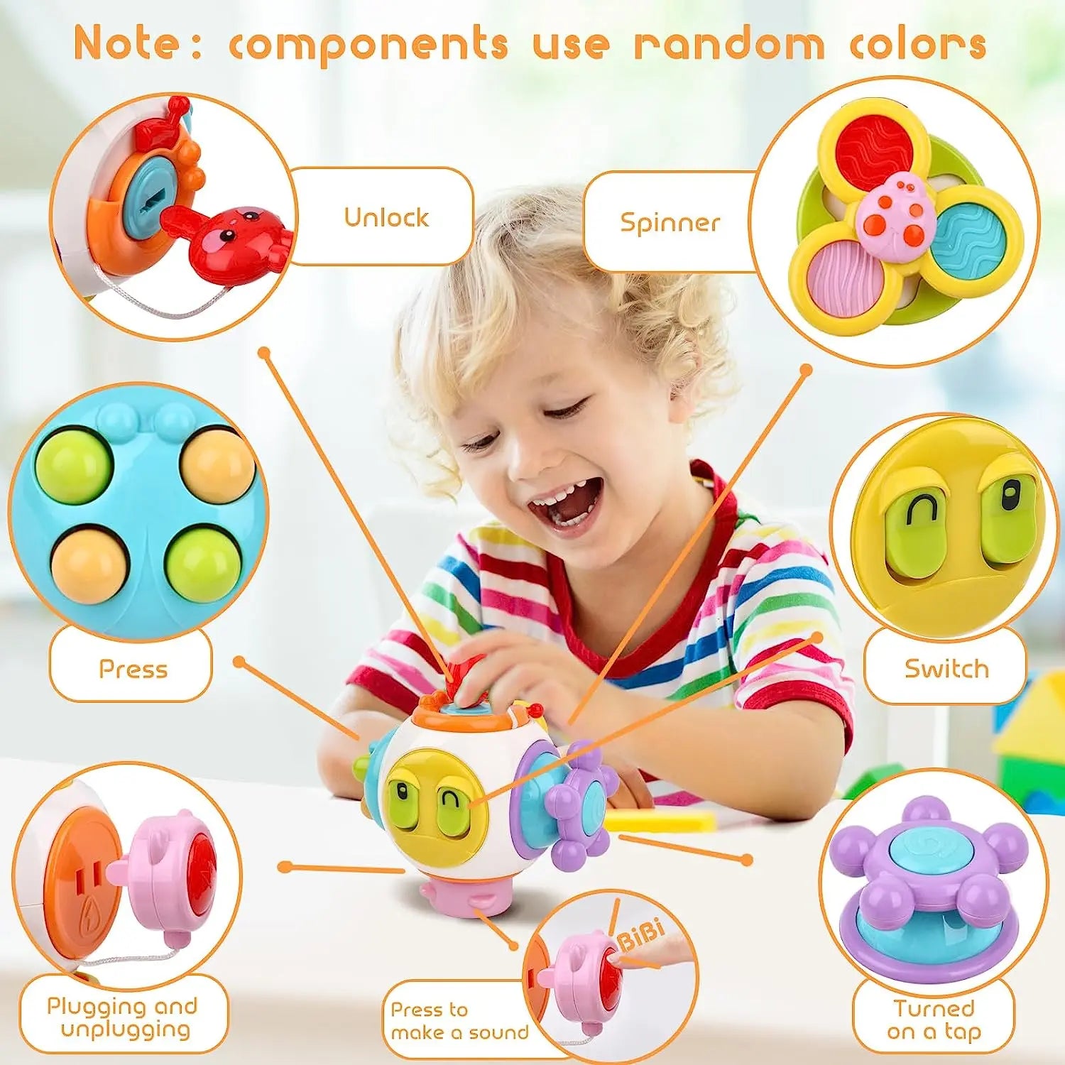 A child in a striped shirt plays with a multi-functional toy. Bubbles show features: unlock, spinner, press, switch, plugging, sound, and tap turn. Note: colors are random.