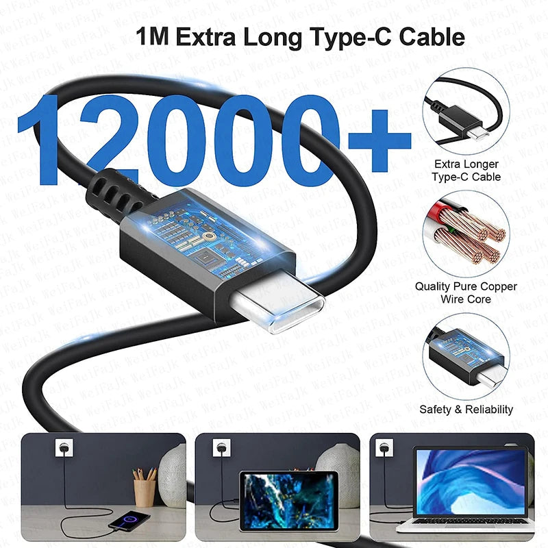 Image of a 1m extra-long Type-C cable with 12000+ bend durability, featuring quality pure copper wire core. Shown charging a phone, tablet, and laptop, emphasizing safety and reliability.