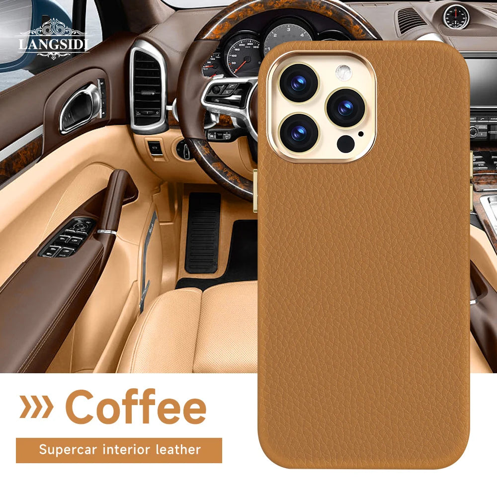 Coffee-colored phone case made from supercar interior leather, shown against a luxury car dashboard with wood accents and leather upholstery.