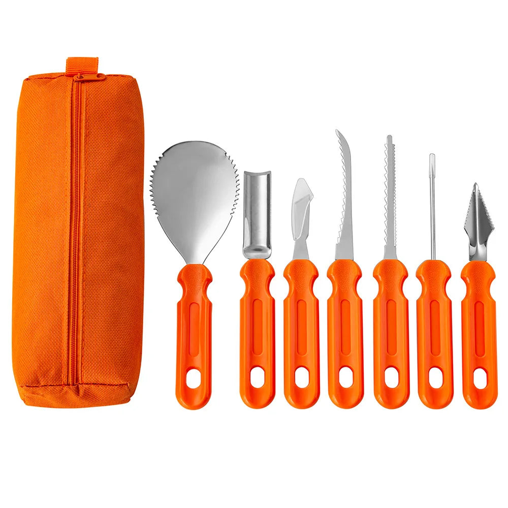 Orange-handled pumpkin carving kit with seven tools, including a scoop, cutting tools, and a carry case. Each tool is designed for specific carving tasks.