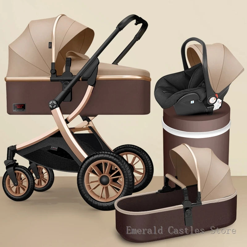 Brown and beige stroller set with black wheels, featuring a carrycot, infant car seat, and stroller frame. Displayed against a neutral background.