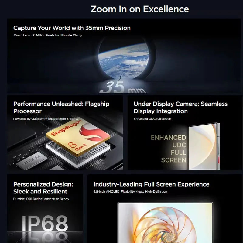 Promotional image highlighting a 35mm lens, Snapdragon 8 Gen 3 processor, under-display camera, IP68 design, and 6.8-inch AMOLED screen with flexible, high-definition features.
