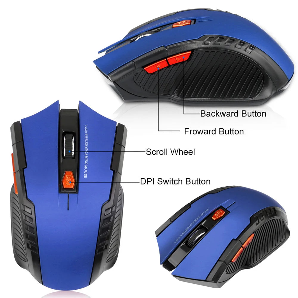 Blue wireless gaming mouse with ergonomic design, labeled buttons: Forward, Backward, DPI Switch, and Scroll Wheel. Side and top views displayed.
