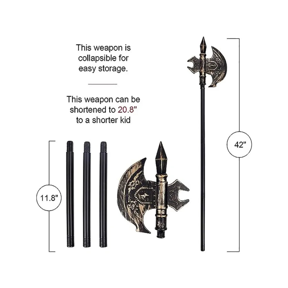 Collapsible toy axe with a decorative blade, shown disassembled into sections. Can adjust from 42" to 20.8". Sections measure 11.8". Designed for easy storage and varying user height.