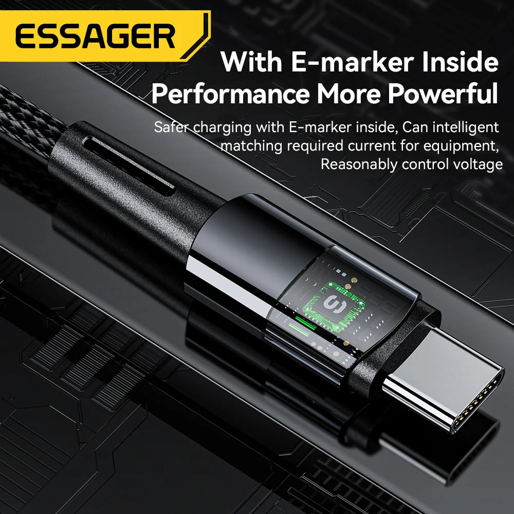 Close-up of an Essager USB-C cable with E-marker technology for intelligent power management and performance optimization, over a dark tech-themed background.