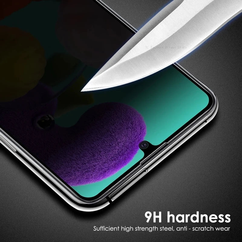 Smartphone screen with 9H hardness, resisting a knife point. The image highlights the screen's anti-scratch properties and strength for protection against scratches.