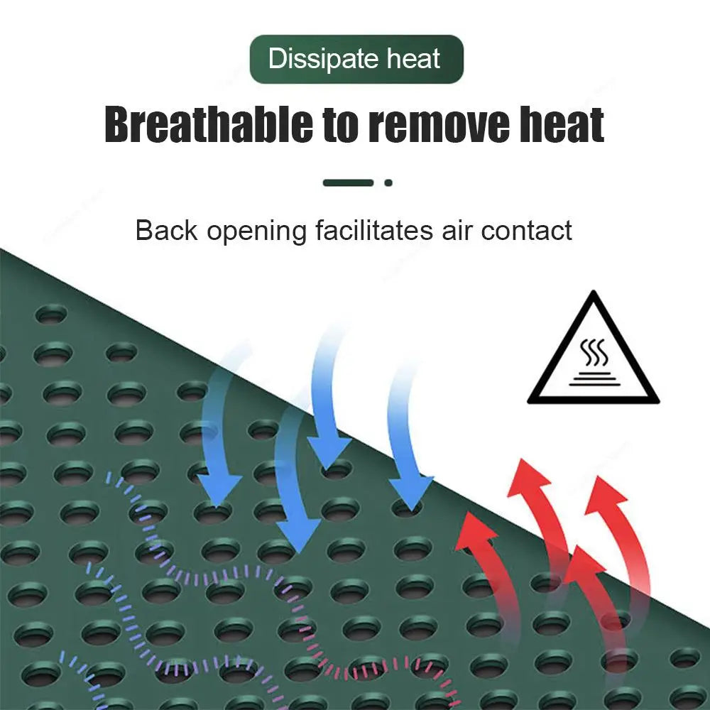 Diagram illustrating heat dissipation through a perforated surface, with blue arrows showing airflow in and red arrows showing heat out. Text: "Breathable to remove heat."