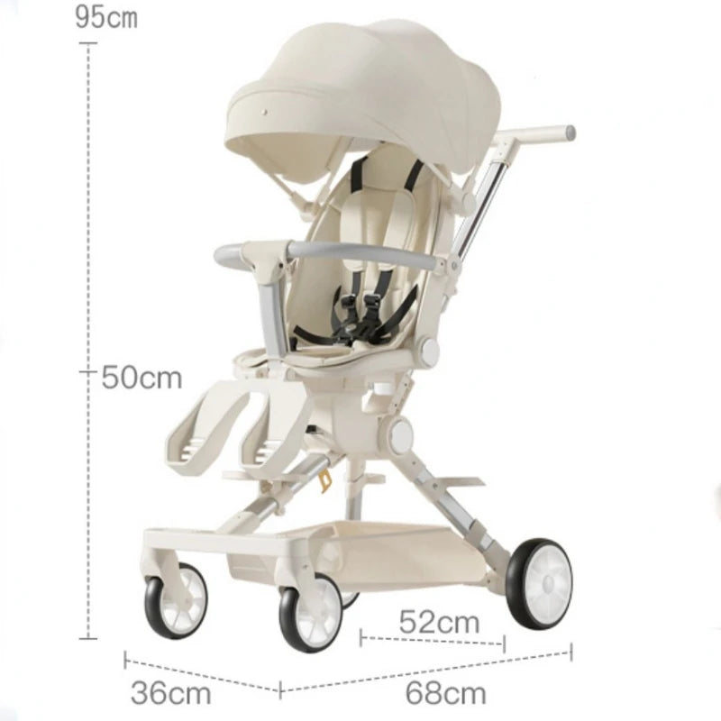 White baby stroller with a canopy, footrest, and four wheels. Measurements indicated: 95cm height, 50cm seat height, 36cm width, 52cm depth, and 68cm length.