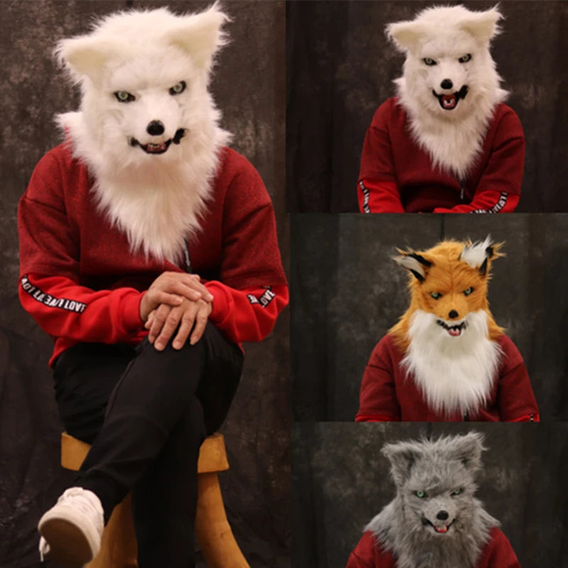 Person wearing a white wolf mask in a red sweater sits on a stool. Three smaller images show the person in similar masks: white wolf, orange fox, and gray wolf.