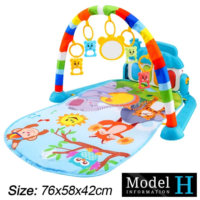 Bright baby play mat with animal designs, a colorful arch, and hanging toys including a mirror, bear, and lion. Size: 76x58x42cm. Model H.