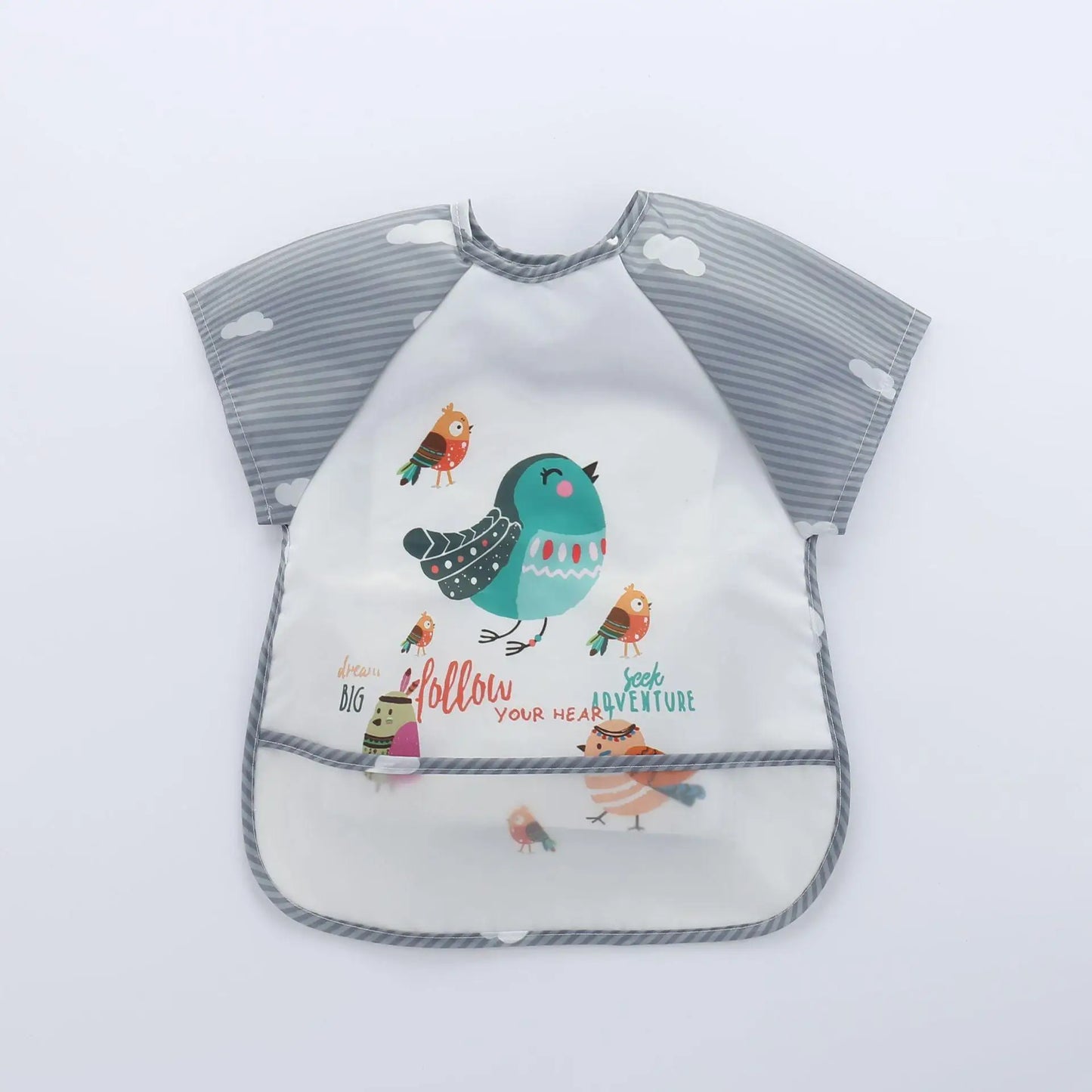 Children's bib with gray striped sleeves and cloud patterns. The front has colorful birds and the phrases "Dream Big," "Follow Your Heart," and "Seek Adventure."