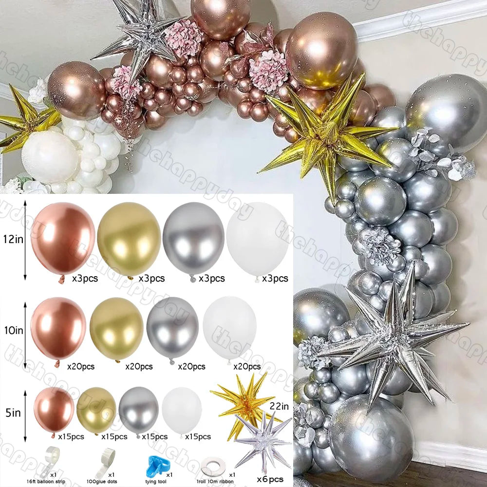 Balloon arch kit includes rose gold, gold, silver, and white balloons of varying sizes, star-shaped balloons, and accessories. Ideal for festive decoration.