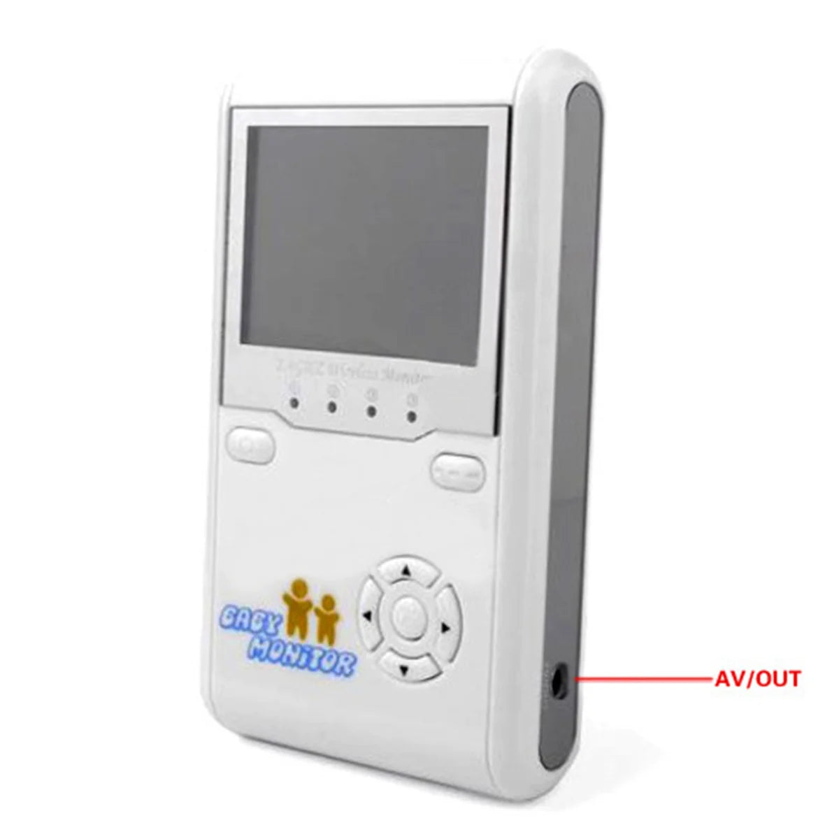 White portable monitor with a small screen, labeled "Baby Monitor." It features directional buttons and an AV/OUT port on the side.