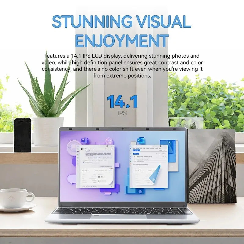A laptop with a 14.1-inch IPS display, on a desk with a plant, cup, phone, and photo frame. The screen shows a vibrant workspace setup, emphasizing visual clarity and contrast.