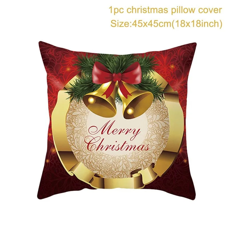 Red Christmas pillow cover with gold bells, red ribbon, and pine leaves. Text reads "Merry Christmas" inside a decorative circle. Size: 45x45 cm (18x18 inches).
