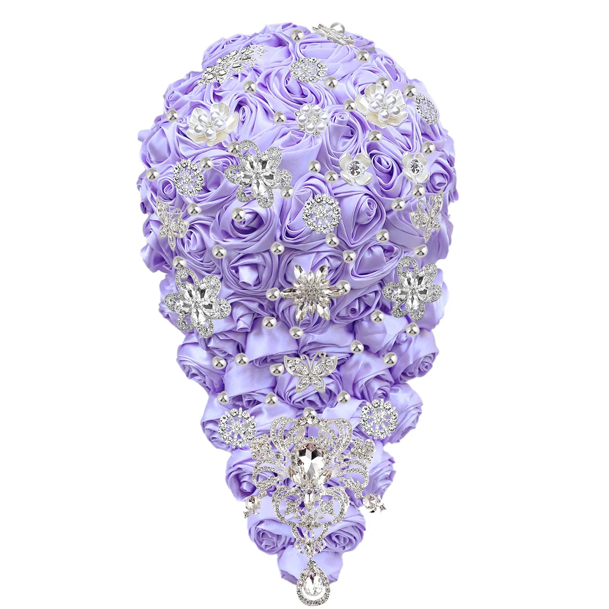 Lavender bouquet of satin roses adorned with silver brooches and pearl accents. It forms a teardrop shape, embellished with intricate floral and butterfly designs.