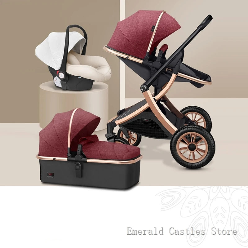 A modern stroller set in maroon and black, featuring a car seat, bassinet, and stroller on a beige background. The design includes gold accents and large wheels.