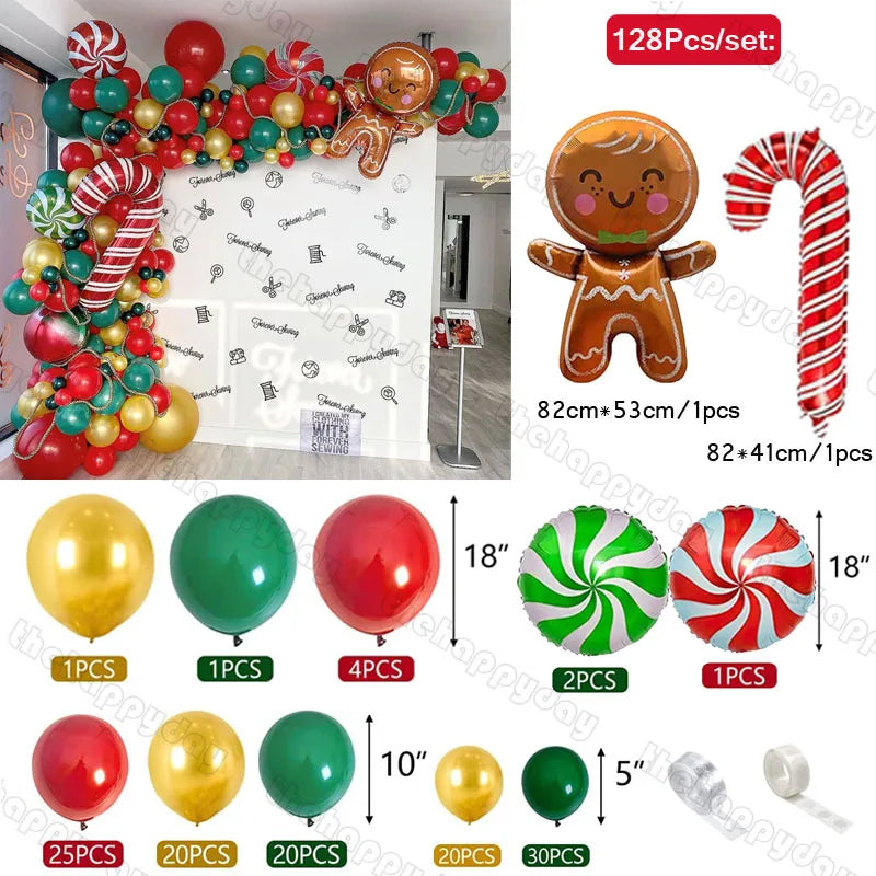 Festive balloon set with gingerbread man, candy cane, and swirl designs. Includes 128 pieces: red, green, and gold balloons of various sizes, perfect for holiday decorations.