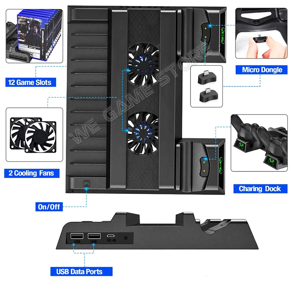Gaming console stand with 12 game slots, dual cooling fans, an on/off switch, USB data ports, and charging dock, highlighted features include a micro dongle and cooling fans.