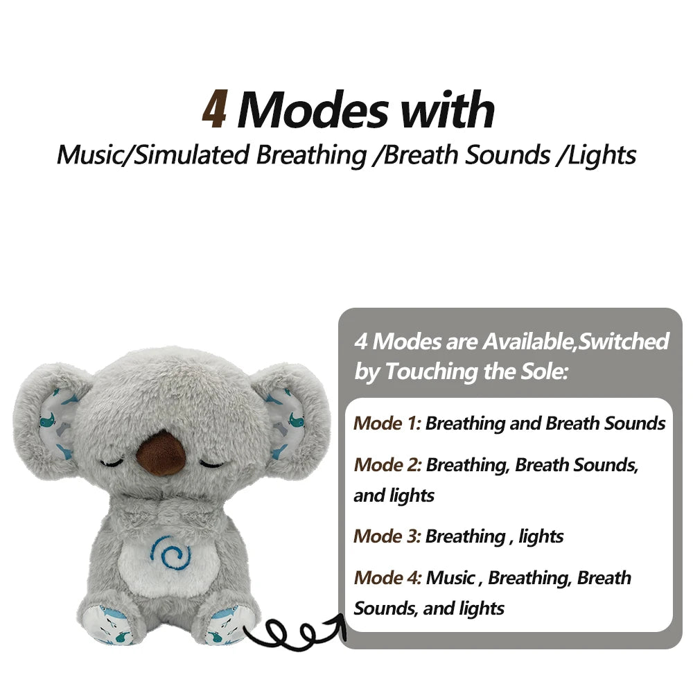 Plush koala toy with 4 modes: music, breathing sounds, and lights. Modes are activated by touching the sole. Text details each mode's features. Coiled wire connects to the toy.