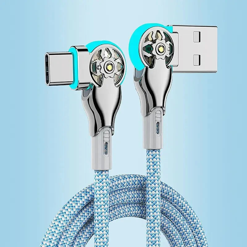 Braided charging cable with a Type-C and USB-A connector. Both ends feature a metallic, angled design with visible gear-like motifs and blue accents, set against a light blue background.