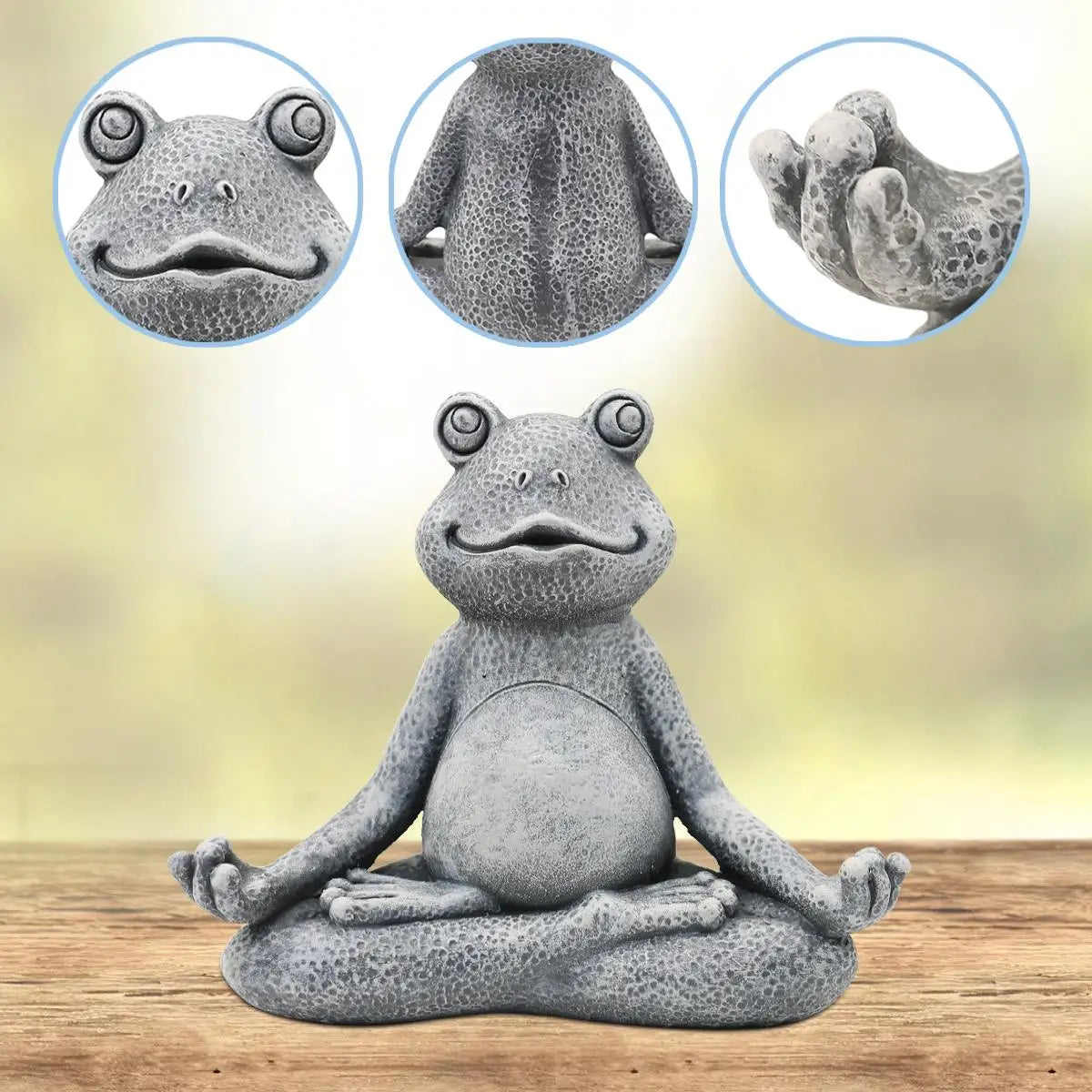 Stone frog statue in a meditative pose on a wooden surface. Close-ups show textured skin, smiling face, and detailed feet. Background is softly blurred in shades of green.