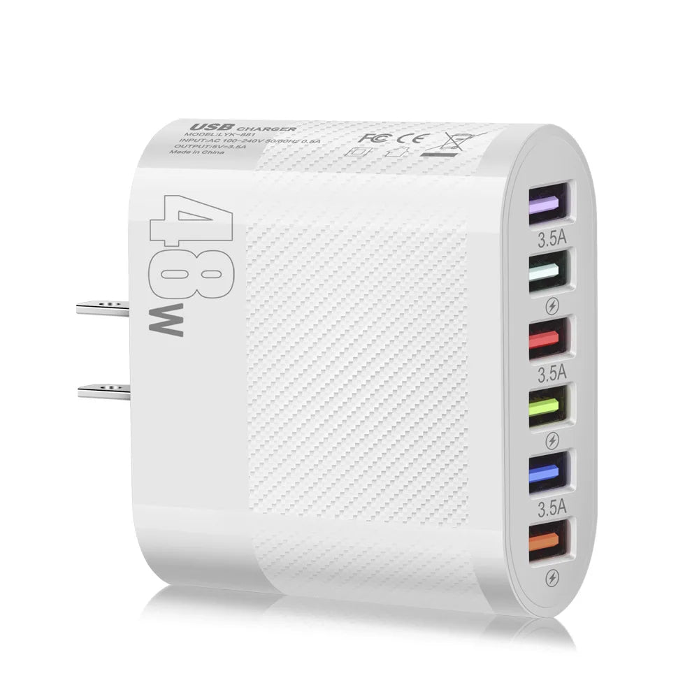White 48W USB charger with five colorful ports, each labeled "3.5A." The side features a subtle textured pattern. Two prongs extend from the back for wall plugging.