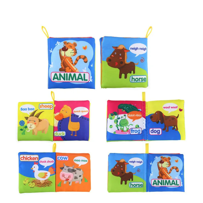 Colorful cloth baby books featuring cartoon animals: tiger, horse, sheep, duck, frog, dog, chicken, and cow. Each page includes sounds animals make, like a tiger roaring.