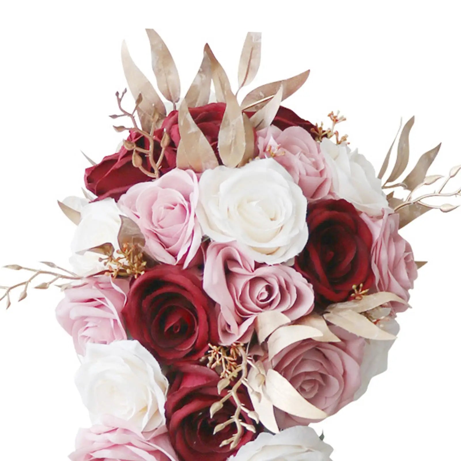 A bouquet of roses with deep red, soft pink, and white blooms, accented by metallic gold leaves and delicate sprigs, arranged in a lush, romantic cluster.