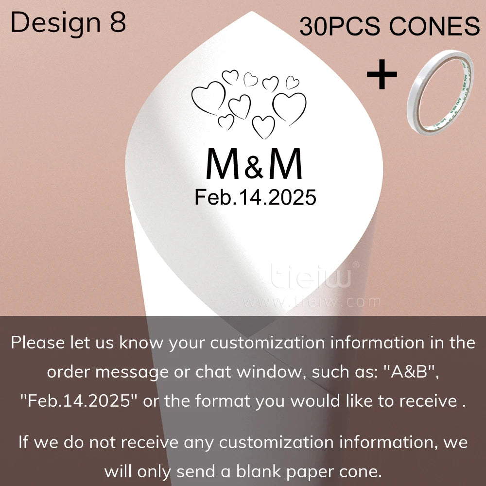 Design 8 wedding cone with customizable heart design, text "M&M Feb.14.2025." Includes 30 cones and tape. Instructions to provide customization; otherwise, cones will be blank.