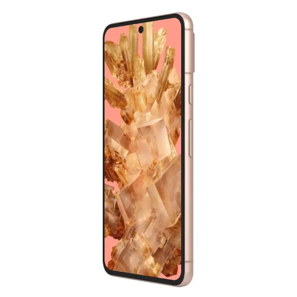 Smartphone with a golden frame and a vibrant screen displaying a cluster of crystal formations on a pink background. The device has side buttons and a punch-hole front camera.