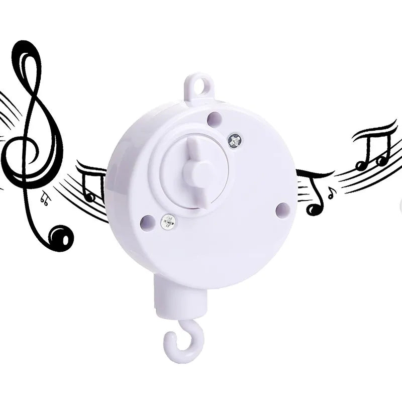 White wind-up music box mechanism with a hook, set against flowing musical notes.