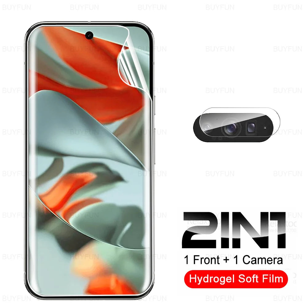 Smartphone with a hydrogel soft film partly peeled off, showcasing the screen protector. Adjacent is a camera lens protector. Text reads: "2 in 1, 1 Front + 1 Camera, Hydrogel Soft Film."