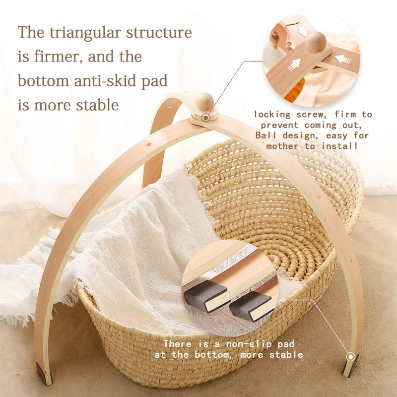 Wooden baby gym with a triangular structure sits over a woven basket. Features include a locking screw, ball design, and non-slip pads for stability. Text highlights firmness and ease of use.