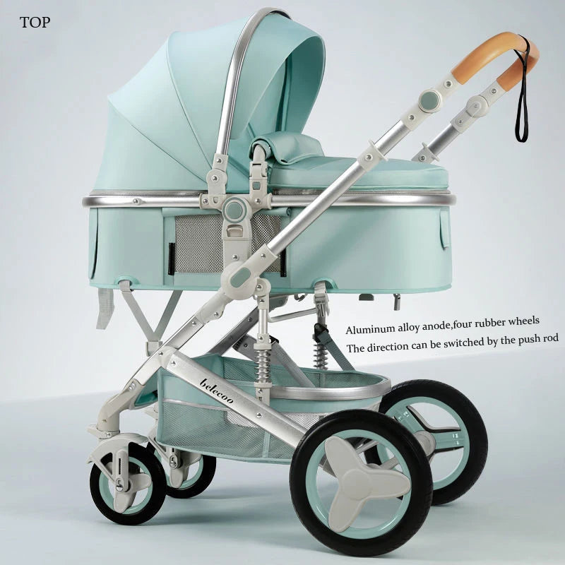 Mint green baby stroller with a canopy, aluminum alloy frame, and four rubber wheels. The handlebar is adjustable, and a mesh basket is underneath the seat.