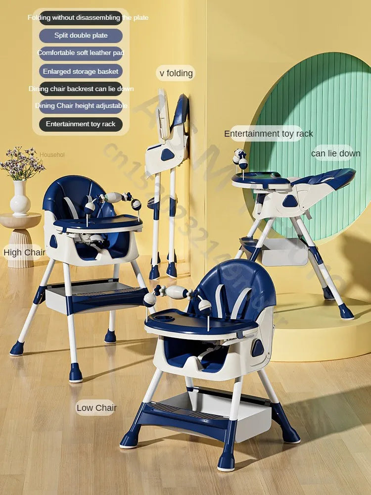 Blue and white adjustable children's high chair with features like split double plate, leather pad, storage basket, toy rack, and folding capability, displayed in three configurations.