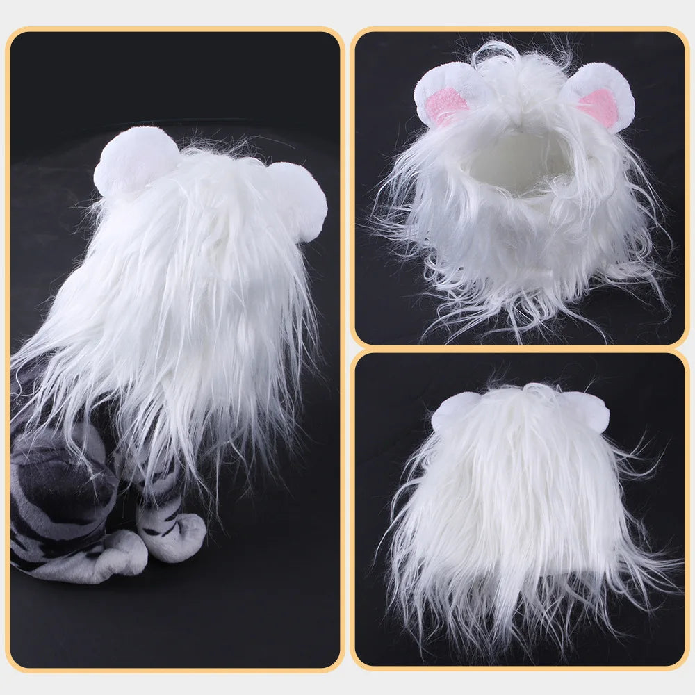 Fluffy white wigs for pets with ears, shown in three angles against a dark background. One image displays a plush pet wearing the wig, while the others focus on the wig itself.