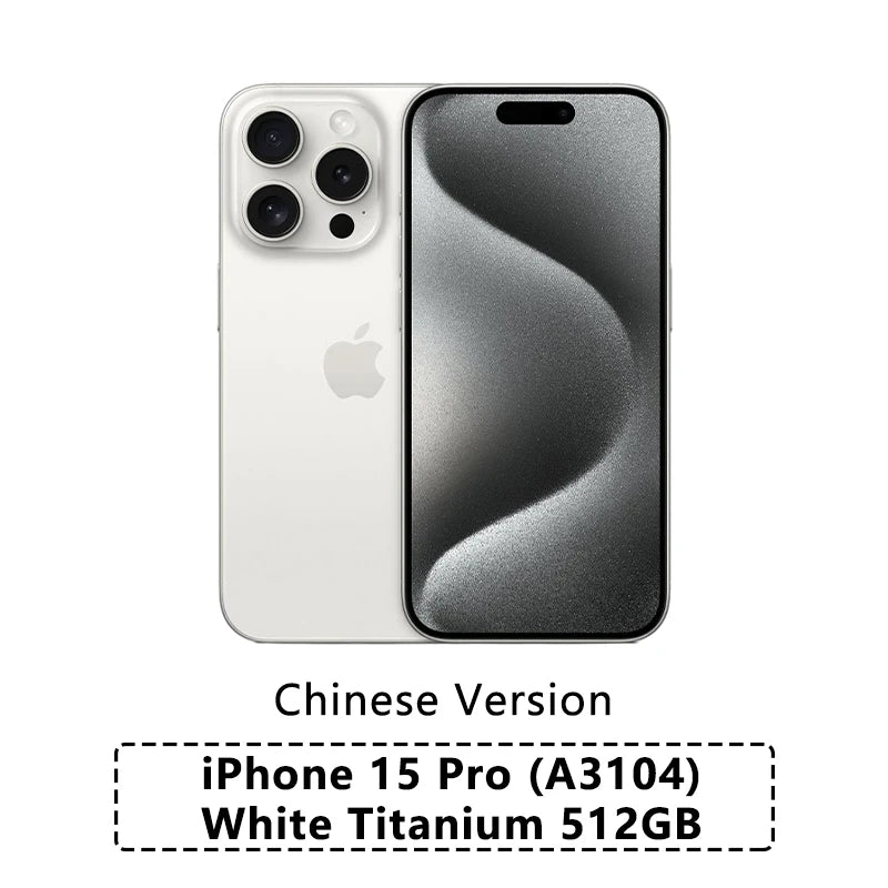 The image shows a white titanium Apple iPhone 15 Pro, 512GB Chinese version, model A3104. The phone features a triple camera setup and sleek display.